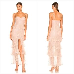 MAJORELLE Blush Pink Lace Tiered Midi Dress
